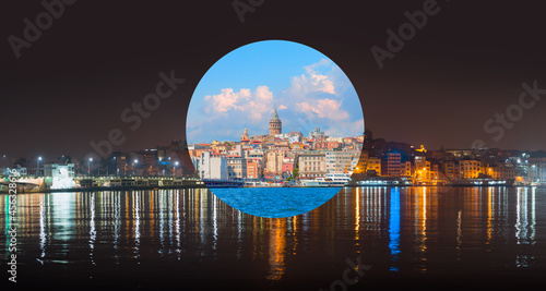 Day and Night Concept - Galata Tower, Galata Bridge, Karakoy district and Golden Horn at morning, istanbul - Turkey