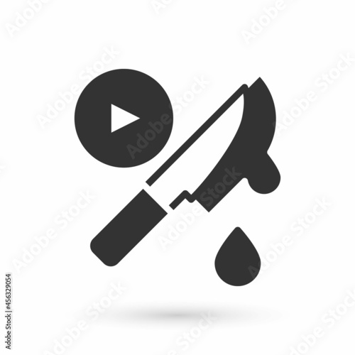 Grey Thriller movie icon isolated on white background. Bloody knife. Suspenseful cinema genre, survival horror. Shocking films with gore and violence. Vector