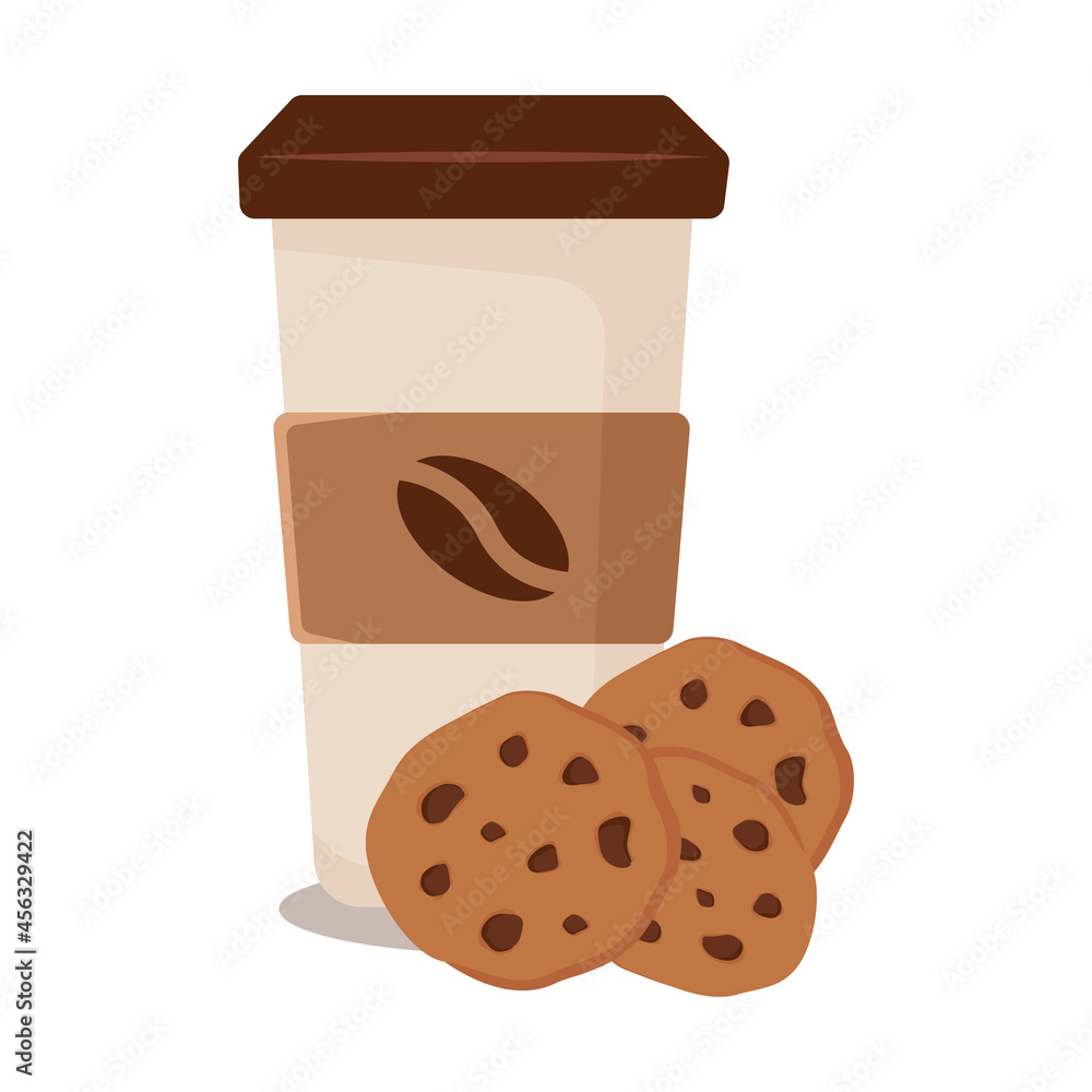 Paper cup with coffee and cookies isolated on a white background. Vector illustration in flat style. Paper cup with coffee and cookies isolated on a white background. Vector illustration in flat style.