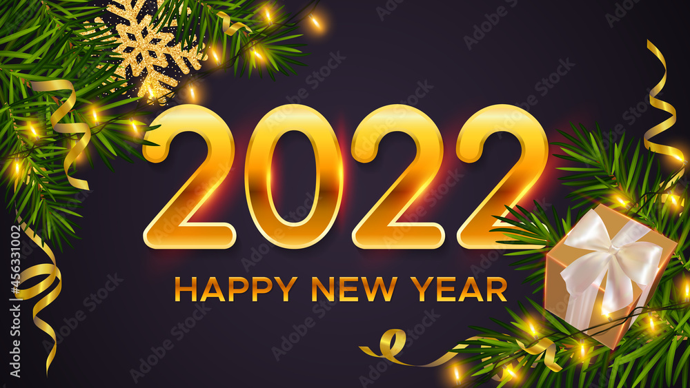 Fototapeta premium 2022 New Year background with golden numbers 2022, realistic pine branches, gifts box, glitter gold snowflakes and tinsel. New Years and Christmas poster, greeting card, banner