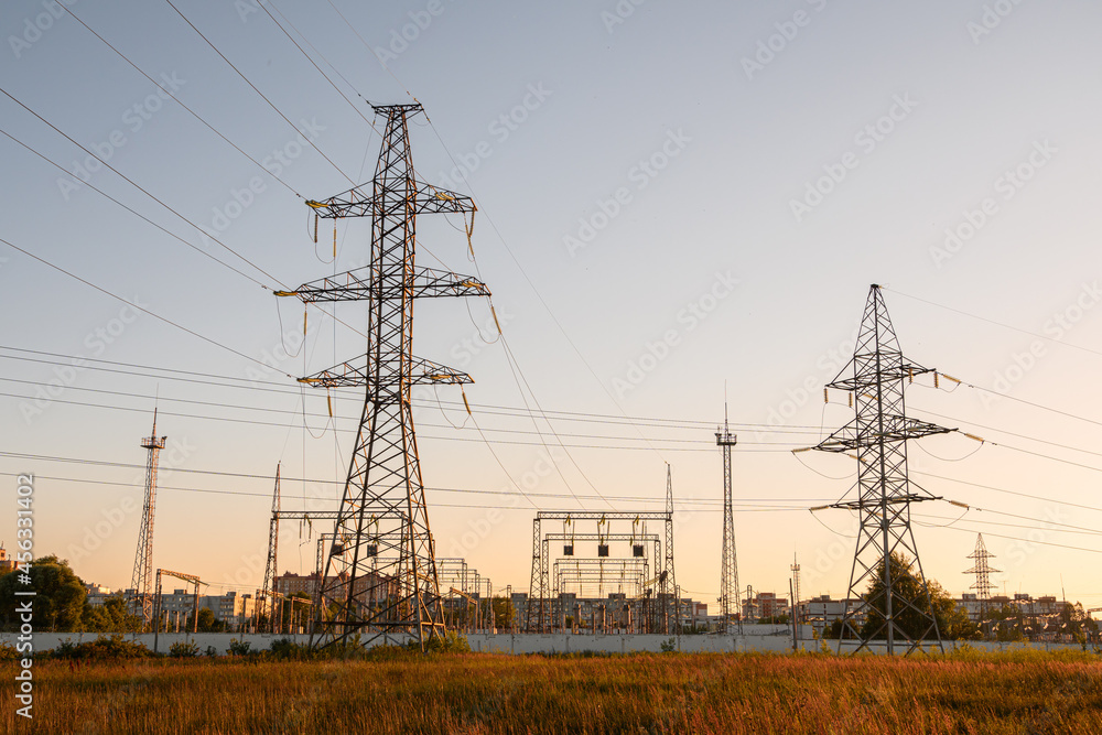 Distribution electric substation with power lines