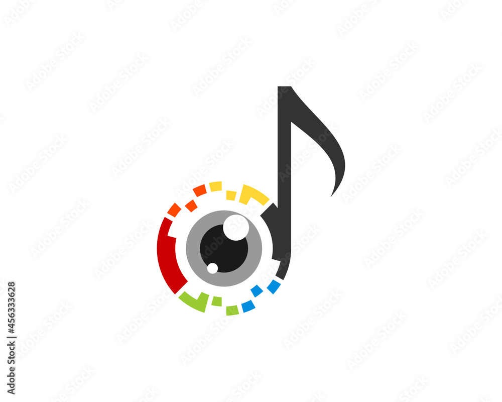 Music note with lens camera pixel logo Music note with lens camera pixel logo