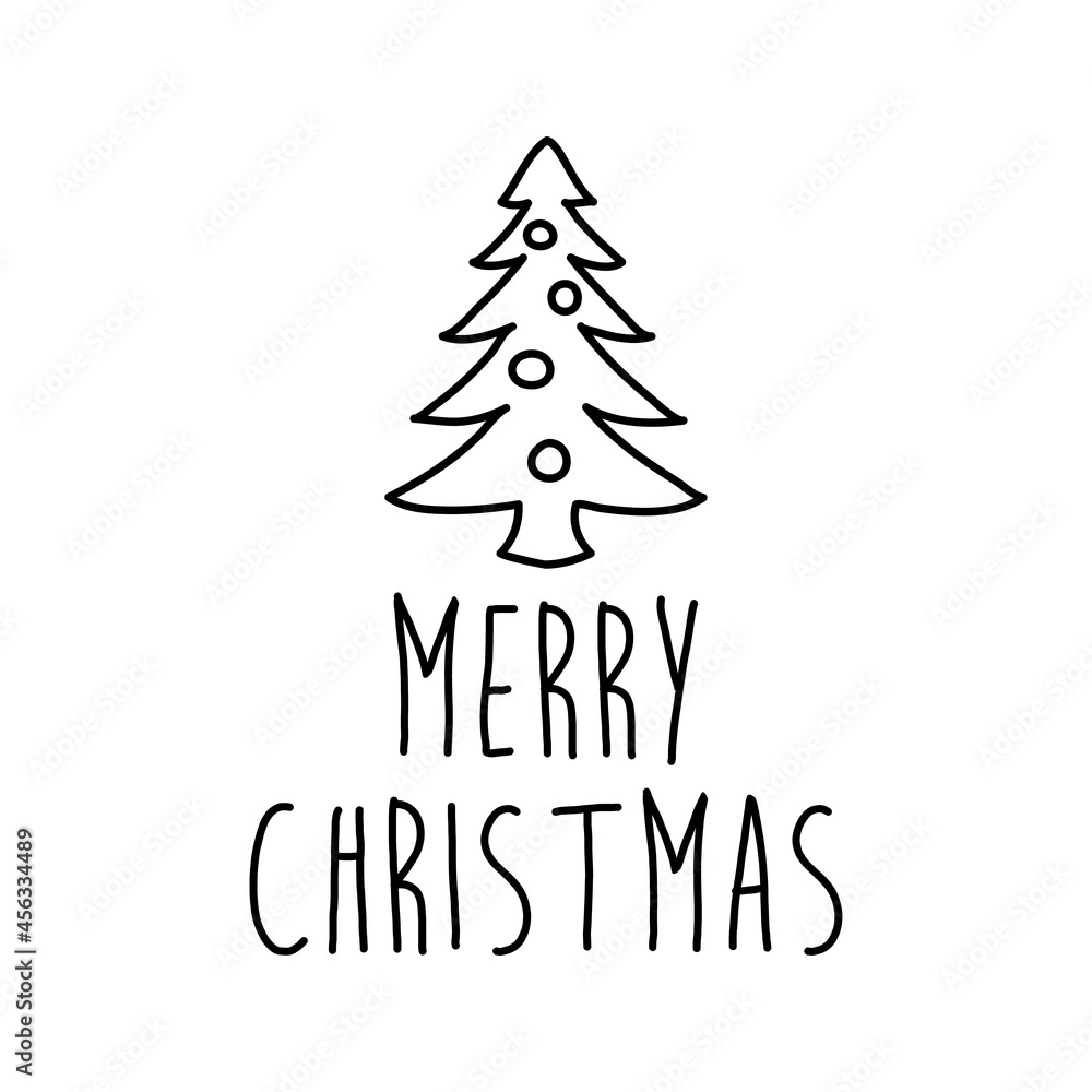 Banner con frase MERRY CHRISTMAS manuscrito con silueta de árbol de navidad con bolas en color negro Banner con frase MERRY CHRISTMAS manuscrito con silueta de árbol de navidad con bolas en color negro