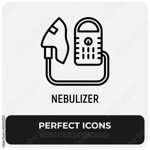 Nebulizer thin line icon. Medical equipment for inhalation in the diseases, asthma, bronchitis, rhinitis. Modern vector illustration.