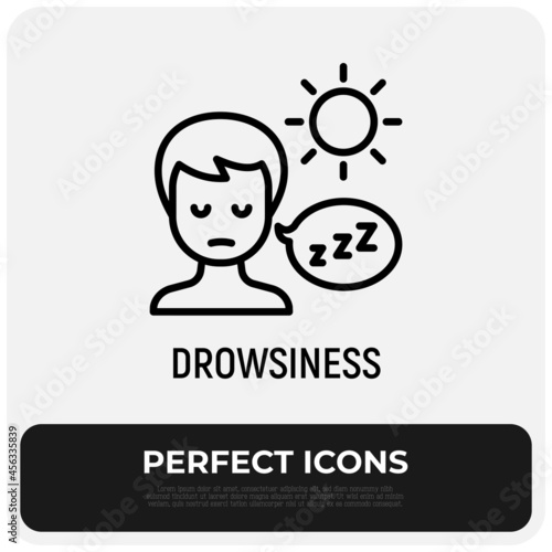 Drowsiness thin line icon. Abnormal sleepiness during the day. Illness symptom. Modern vector illustration.