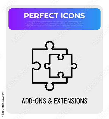 Add-ons and extensions. Browser add thin line icon, two details of puzzle. Modern vector illustration.