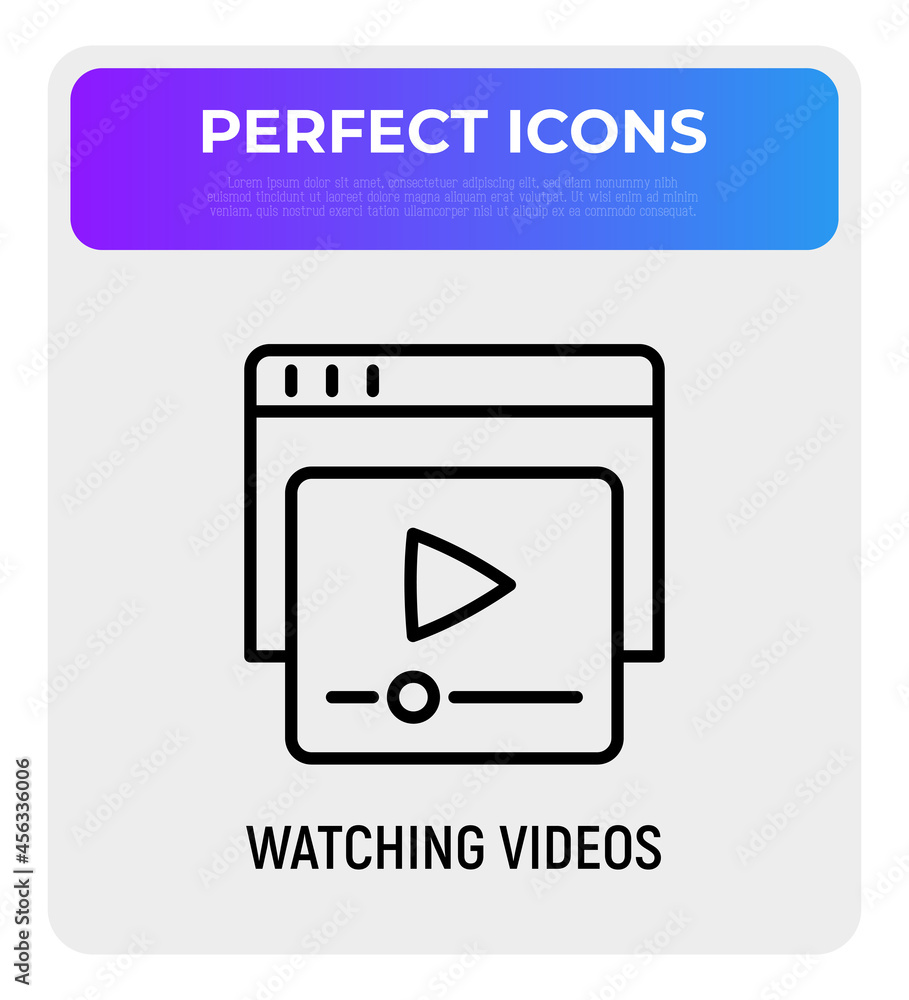 Watching video thin line icon. Button play on web page. Vector illustration. Watching video thin line icon. Button play on web page. Vector illustration.