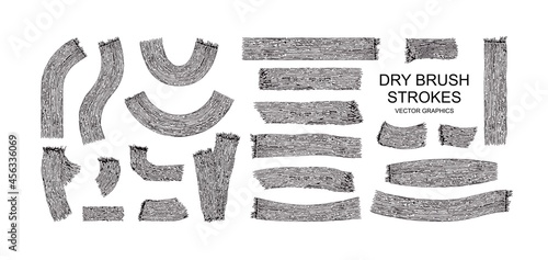 Set of brush strokes. Traces of various shapes from a hard dry brush. Vector template