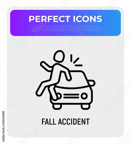 Fall accident thin line icon. Pedestrian is hitten by a car. Modern vector illustration of road safety.