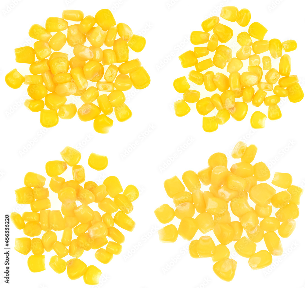 Sweet yellow corn seeds isolated on white background. Raw fresh corn texture close up. macro Sweet yellow corn seeds isolated on white background. Raw fresh corn texture close up. macro
