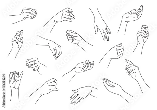 Collection of monochrome woman hands in various positions. Outline female hands set. Black and white vector illustration.