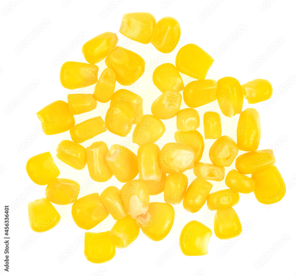 Fototapeta premium Sweet yellow corn seeds isolated on white background. Raw fresh corn texture close up. macro