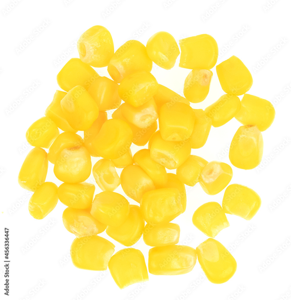 Fototapeta premium Sweet yellow corn seeds isolated on white background. Raw fresh corn texture close up. macro