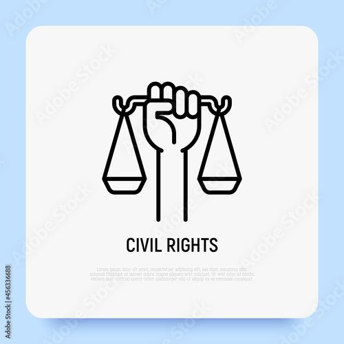 Civil rights thin line icon. Hand holding scales. Modern vector illustration.