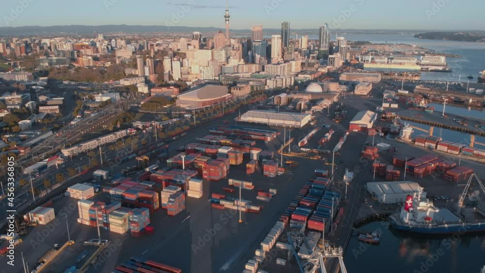 Aerial: Flying over auckland port with a view towards auckland city, New Zealand Aerial: Flying over auckland port with a view towards auckland city, New Zealand