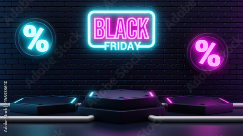 3d black friday Neon light glow podium photo