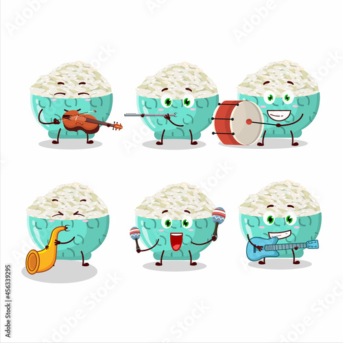 Cartoon character of risotto rice playing some musical instruments