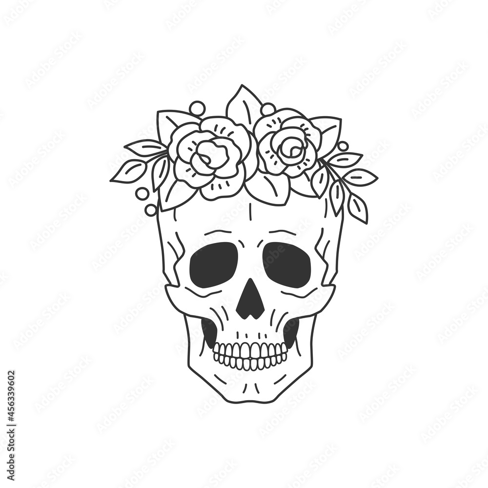 Fototapeta premium Skull decorated with a wreath of roses. Line drawing. Vector illustration
