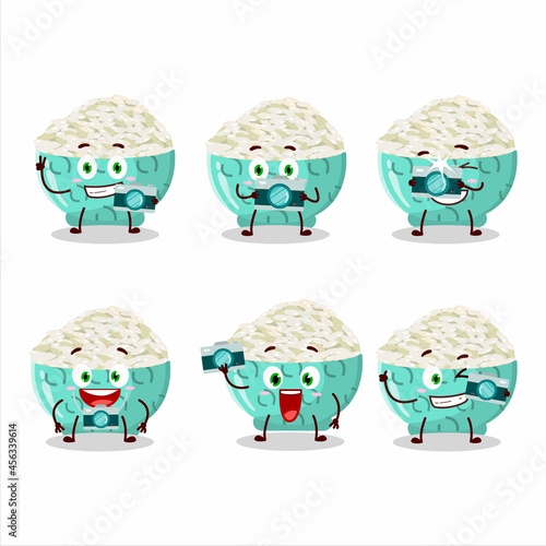 Photographer profession emoticon with risotto rice cartoon character