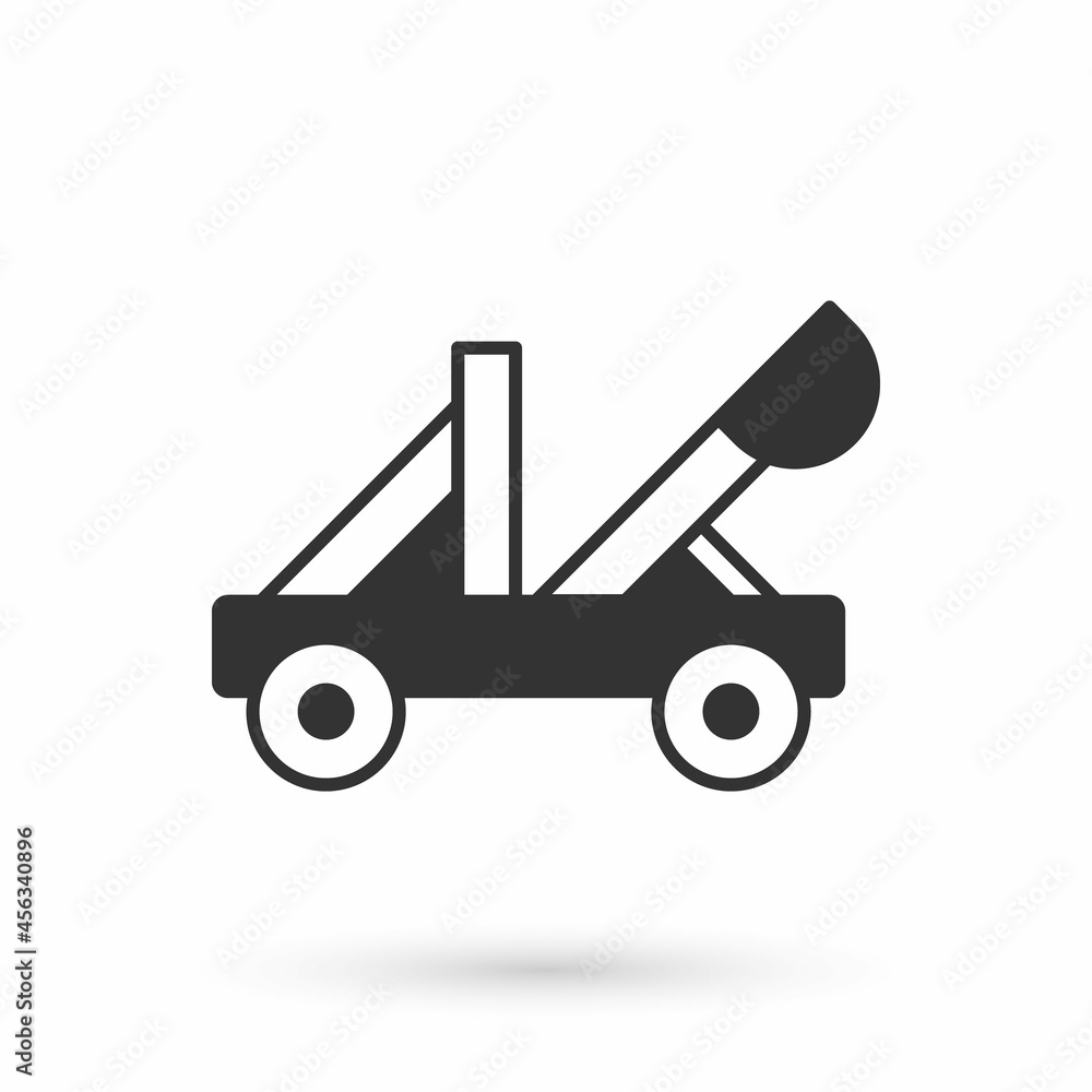 Grey Old medieval wooden catapult shooting stones icon isolated on white background. Vector Grey Old medieval wooden catapult shooting stones icon isolated on white background. Vector