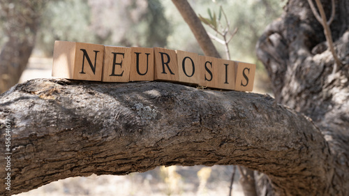 The word neurosis was created from wooden blocks. Sociology and life.