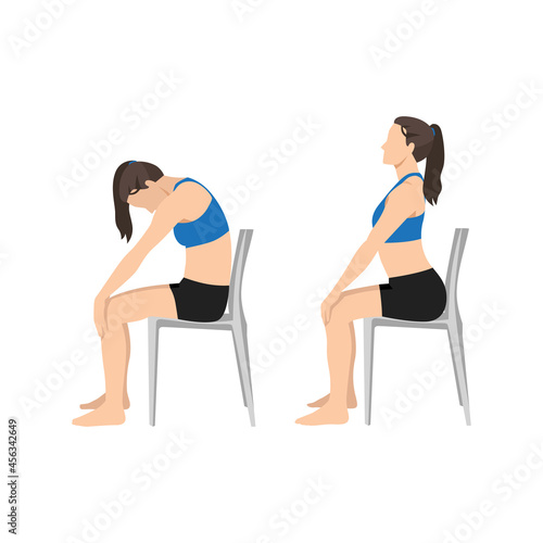 Woman doing Yoga. chair cat cow stretch exercise. Flat vector illustration isolated on white background 