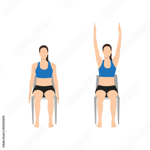 Woman doing Chair raised hands pose. urdhva hastasana exercise. Flat vector illustration isolated on white background 
