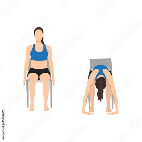 Woman doing Chair forward bend. Uttanasana exercise. Flat vector illustration isolated on white background 