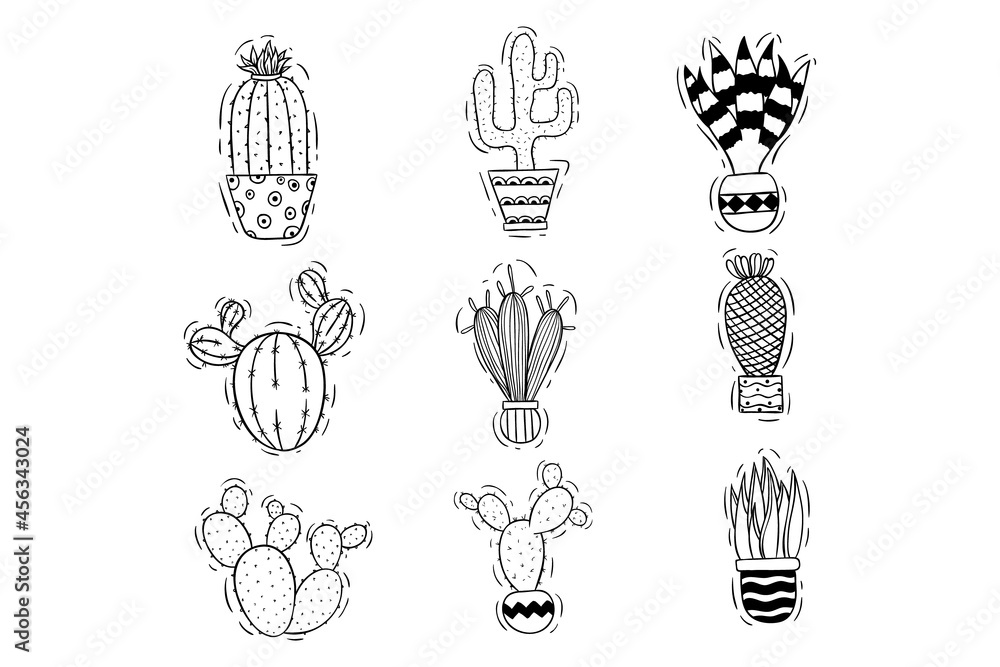 Naklejka premium set of black and white doodle cactus illustration