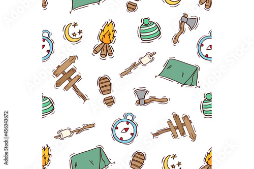 seamless pattern of doodle camping or hiking icons