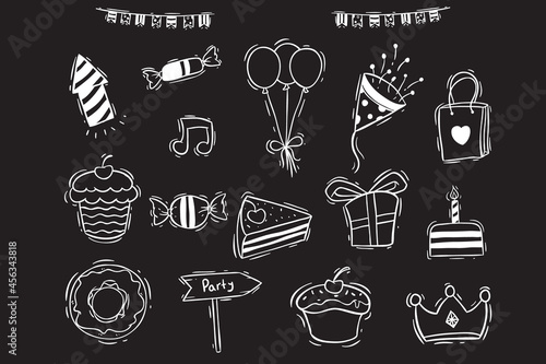 birthday doodle icons or elements on chalkboard background
