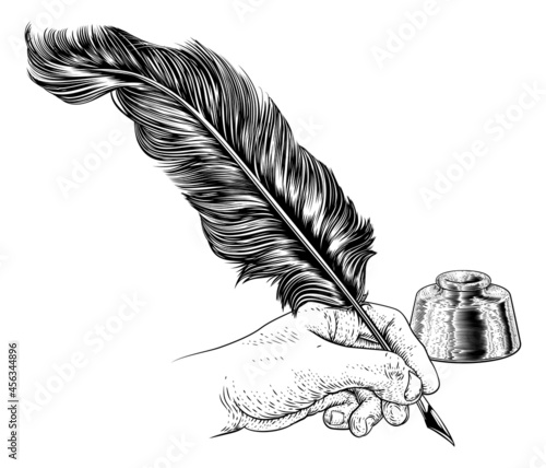 Quill Feather Ink Pen Hand Vintage Woodcut Print