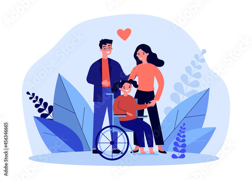 Happy mother and father with daughter on wheelchair. Man and woman with disabled girl flat vector illustration. Family, disability concept for banner, website design or landing web page