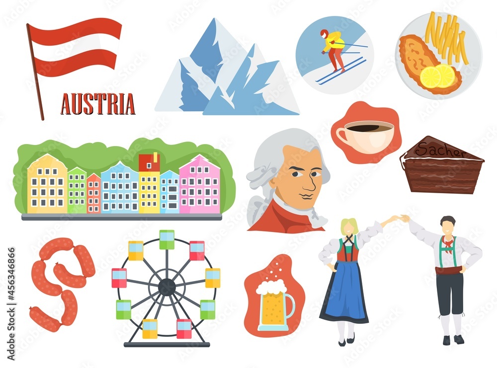 People and symbols of Austria vector illustrations set. Austrian food