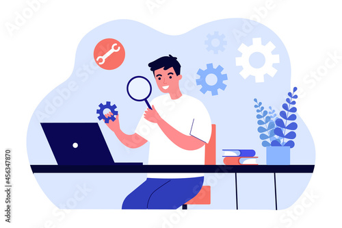 Young technician examining settings flat vector illustration. Man analyzing gears while sitting in front of computer with magnifying glass. Software, repair, study, programming concept for design
