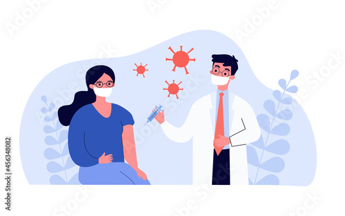 Doctor giving patient vaccine against coronavirus. Flat vector illustration. Woman and man wearing masks, participating in vaccination process. Medicine, vaccination, immunity, COVID19 concept
