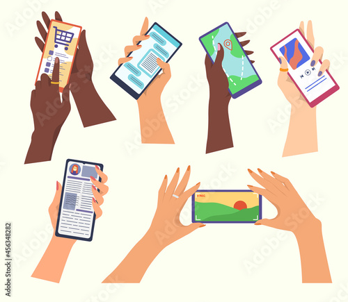 Set of hands holding smartphones. Cartoon vector illustration. Different people using online apps for shopping and messenger, map, social network and music player. Mobile, Internet, technology concept
