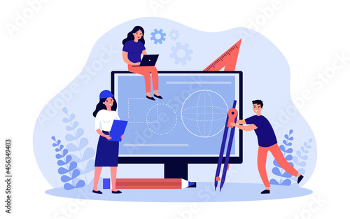 Tiny engineer cartoon characters working on project together. Man holding compass or divider, woman in helmet, girl sitting on monitor flat vector illustration. Technology, engineering, math concept