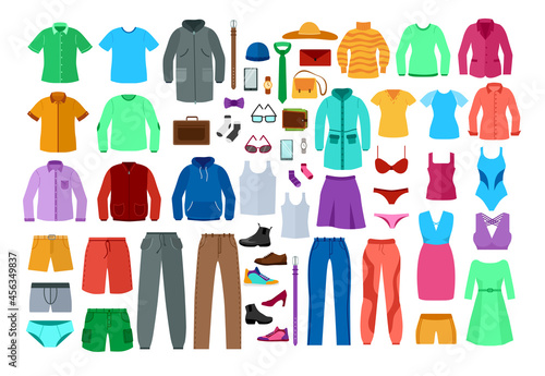 Set of colorful clothes for men and women. Cartoon vector illustration. Male and female garments as jackets, shirts, sweaters, dresses, pants, jeans, underwear. Fashion, outfit, accessory concept