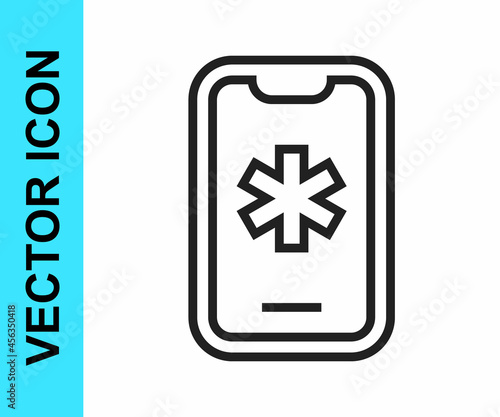 Black line Telephone with emergency call 911 icon isolated on white background. Police, ambulance, fire department, call, phone. Vector