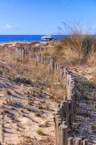 Lonely umbrella behind the dunes  Punta Prosciutto Beach in Puglia  Italy   stretches inside the Nature Park    Palude del Conte e Duna Costiera     offering a corner of paradise in Salento.