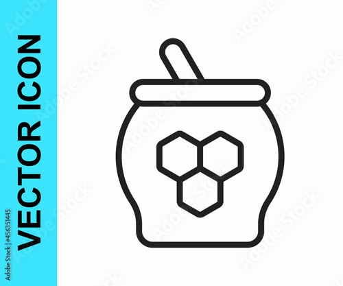 Black line Jar of honey and honey dipper stick icon isolated on white background. Food bank. Sweet natural food symbol. Honey ladle. Vector photo