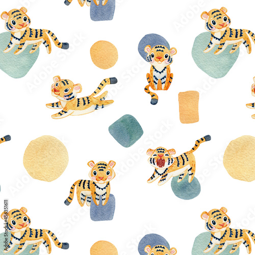 Cute little tigers hand drawn watercolor seamless pattern.