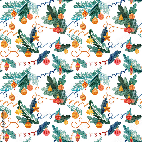 Hand drawn watercolor seamless pattern for wrapping paper, presents and textile. Christmas tree branches with serpentine and other decorations