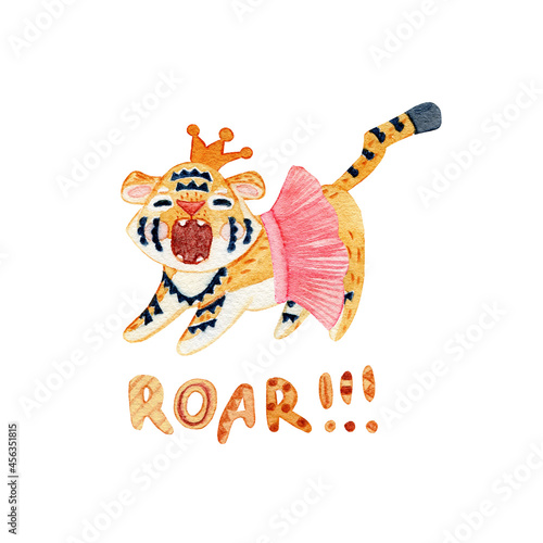 Cute hand drawn watercolor capricious tiger girl in crown and tutu skirt saying roar