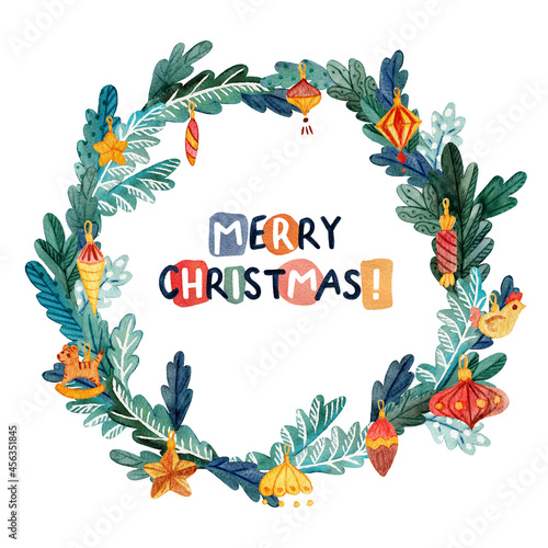 Round watercolor Christmas wreath with hand drawn merry christmas lettering. Square postcars template