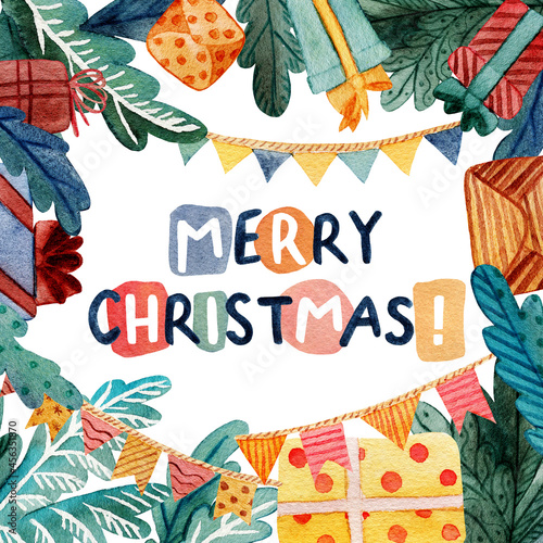 Hand drawn watercolor square frame with Merry Christmas lettering. Fir branches, flags, presents and Christmas decorations,