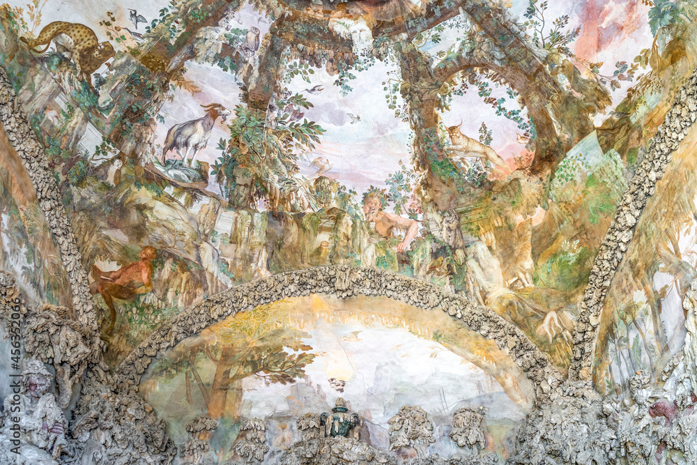 The frescoed ceiling of the Buontalenti Grotto in Boboli Gardens, built in the 16th century in Mannerist style, in Boboli Gardens, beside Pitti Palace, Florence, Tuscany, Italy