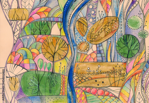 Abstract summer landscape with river, hills, forest, field. Multicolored ornament drawn with pencils and paints on peach-colored paper. © Happy Dragon