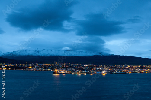 Panoramic view of Akureyri at dusk, Iceland